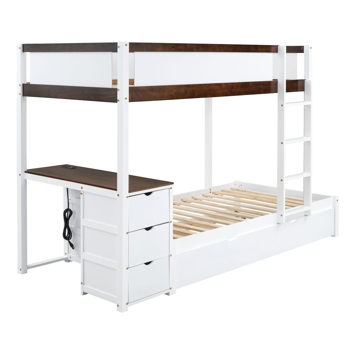 Multi-Functional Twin Over Twin Wood Bunk Bed with Trundle, Storage and Desk, White Walnut | Just Better Bunk Beds