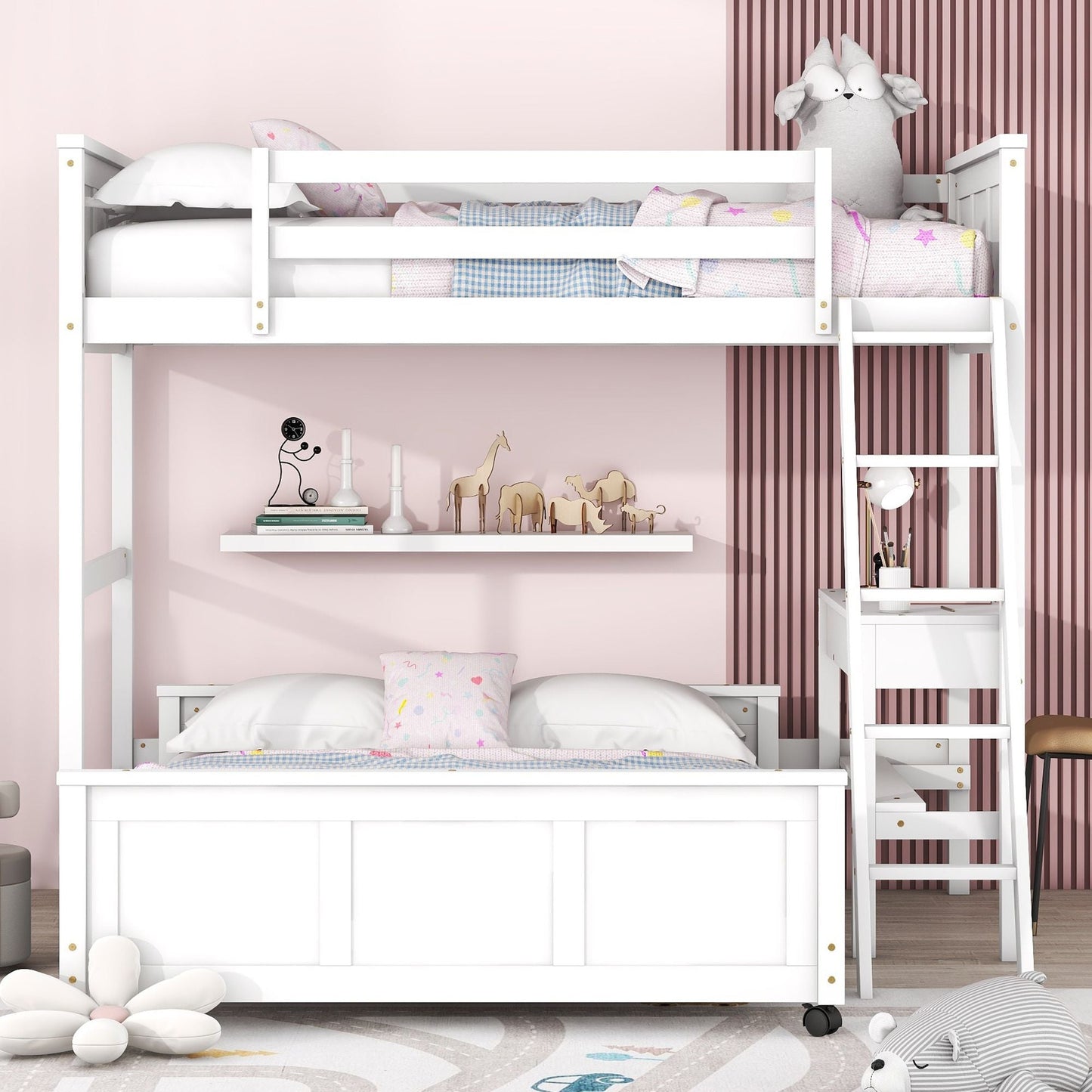 Study Space Twin Over Full Wood Bunk Bed with Desk, White | Just Better Bunk Beds