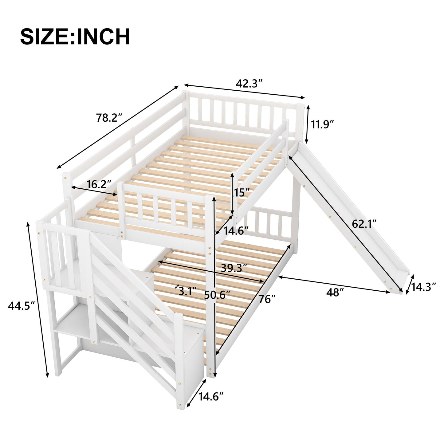 Convertible Twin Over Twin Wood Bunk Bed with Slide and Stairway, White | Just Better Bunk Beds