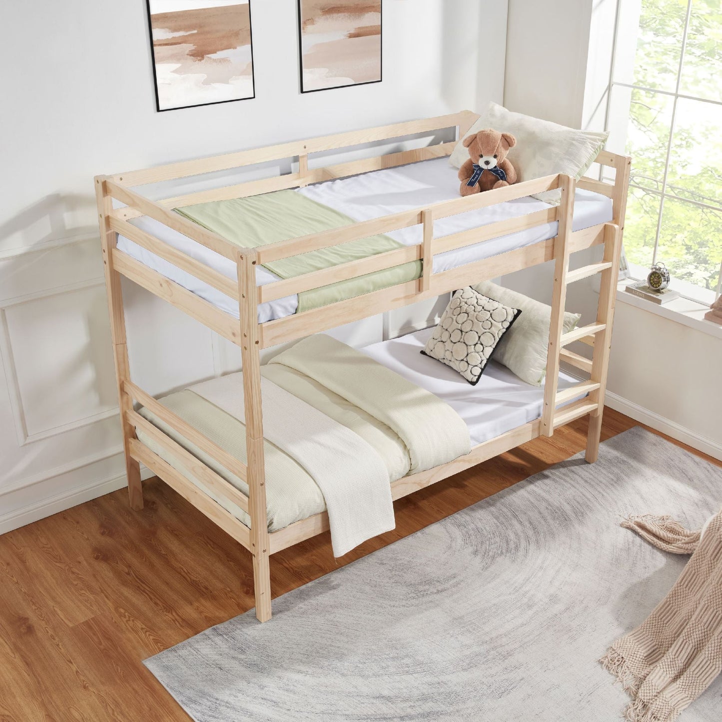 Shared Room Solution Twin Over Twin Wood Bunk Bed with Ladder, White | Just Better Bunk Beds