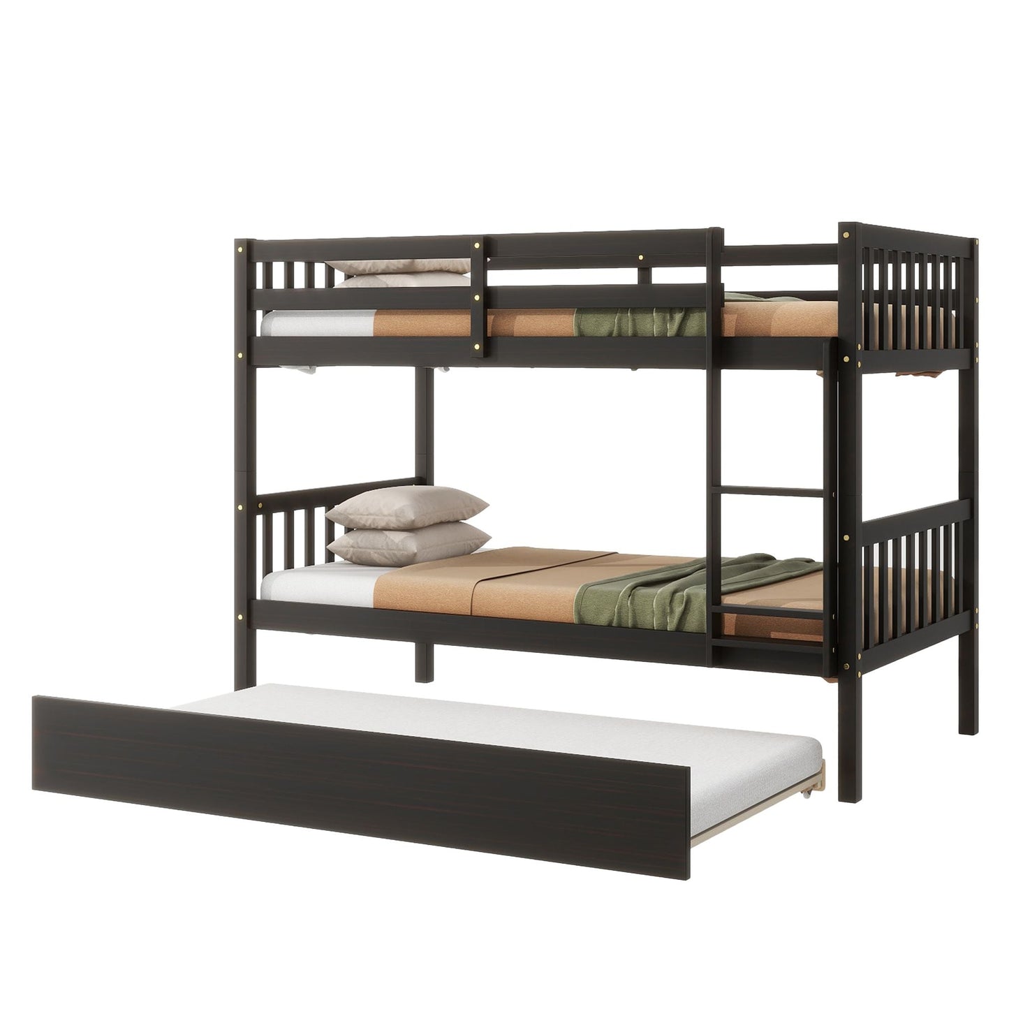 Convertible Twin Over Twin Rubber Wood Bunk Bed with Trundle, Ladder and Safety Guardrails, Espresso | Just Better Bunk Beds