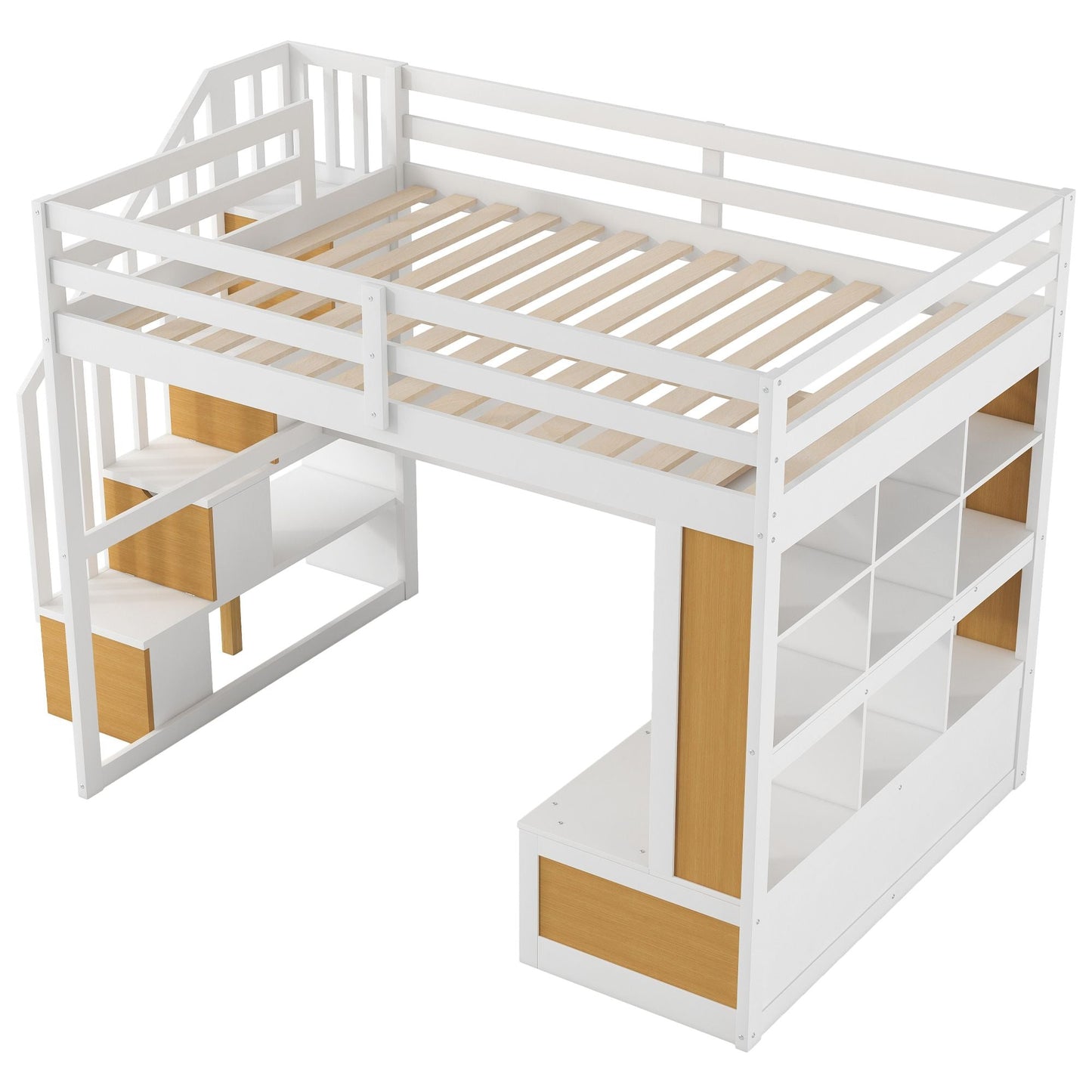 Space-Saving Full Wood Loft Bed with Desk, Shelves, Drawers, Storage Staircase, White and Natural | Just Better Bunk Beds
