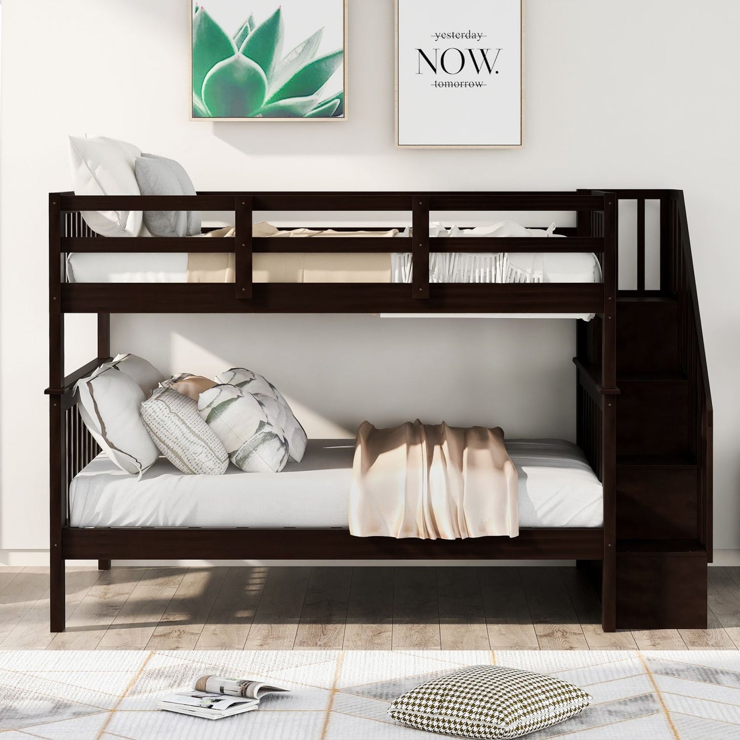 Staircase Storage Full Over Full Wood Bunk Bed with Storage and Guard Rail, Espresso | Just Better Bunk Beds