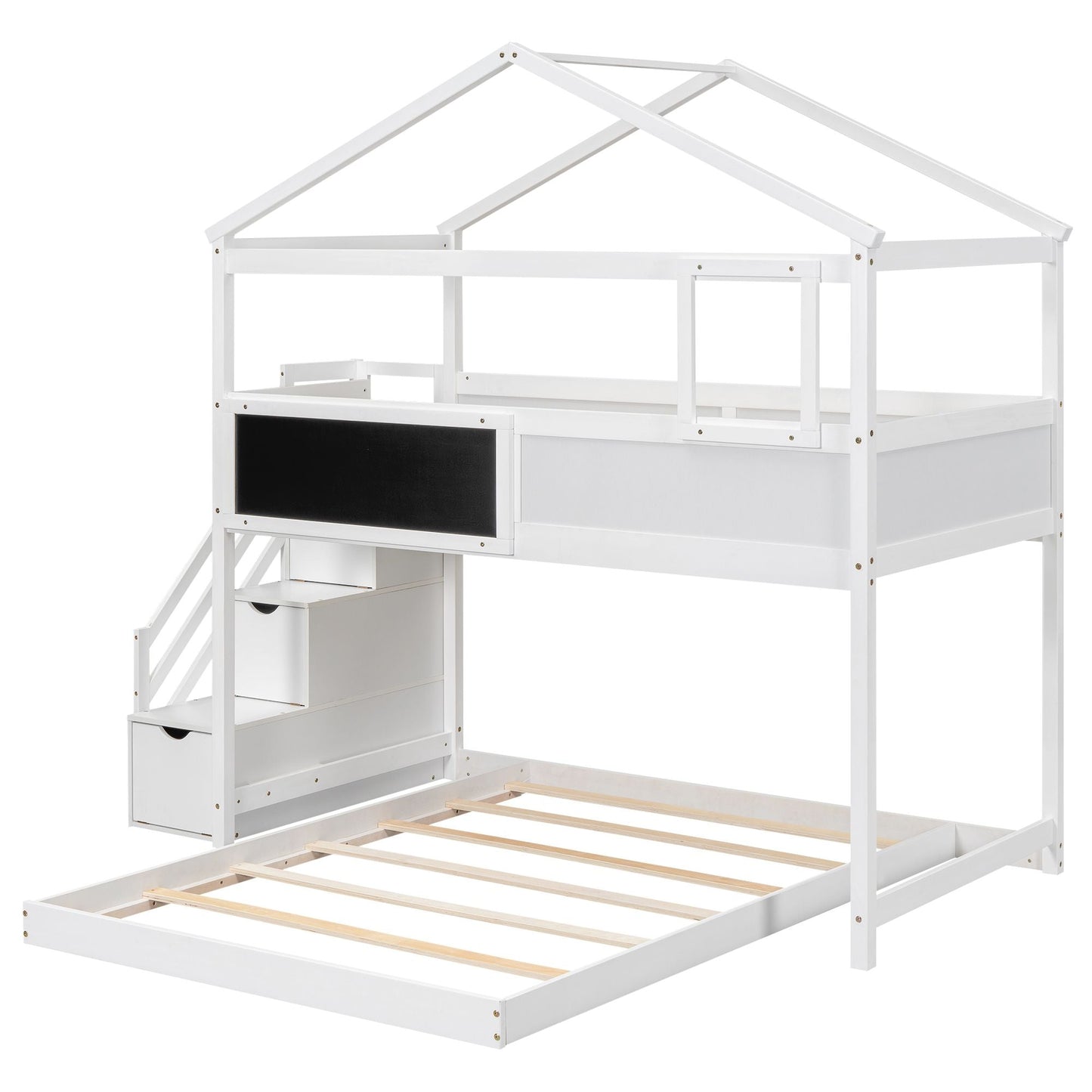 House-Style Twin Over Full Wood Bunk Bed with Storage Staircase, Blackboard, White | Just Better Bunk Beds