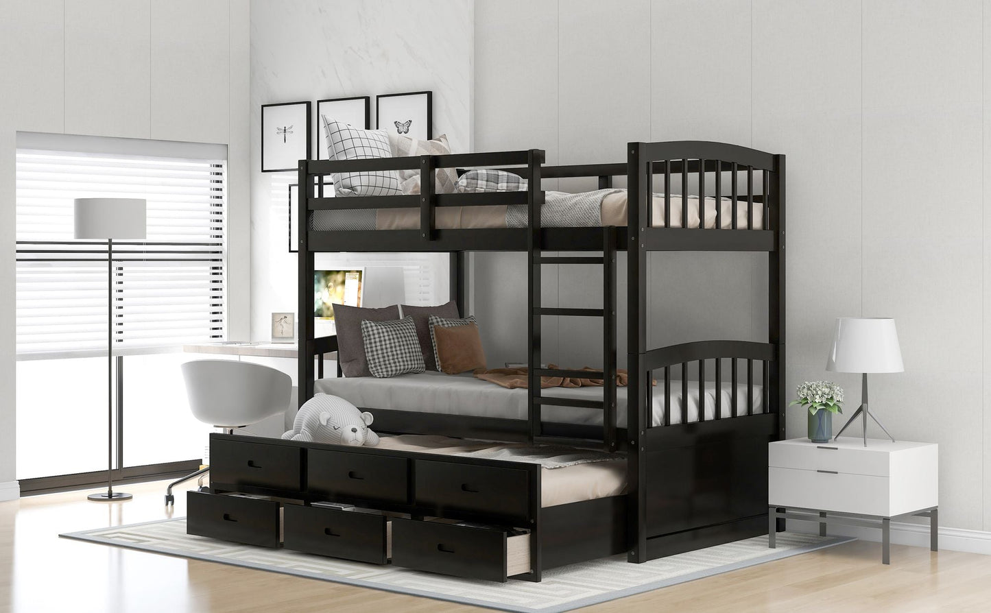 Shared Room Solution Twin Over Twin Wood Bunk Bed with Trundle and Drawers, Espresso | Just Better Bunk Beds