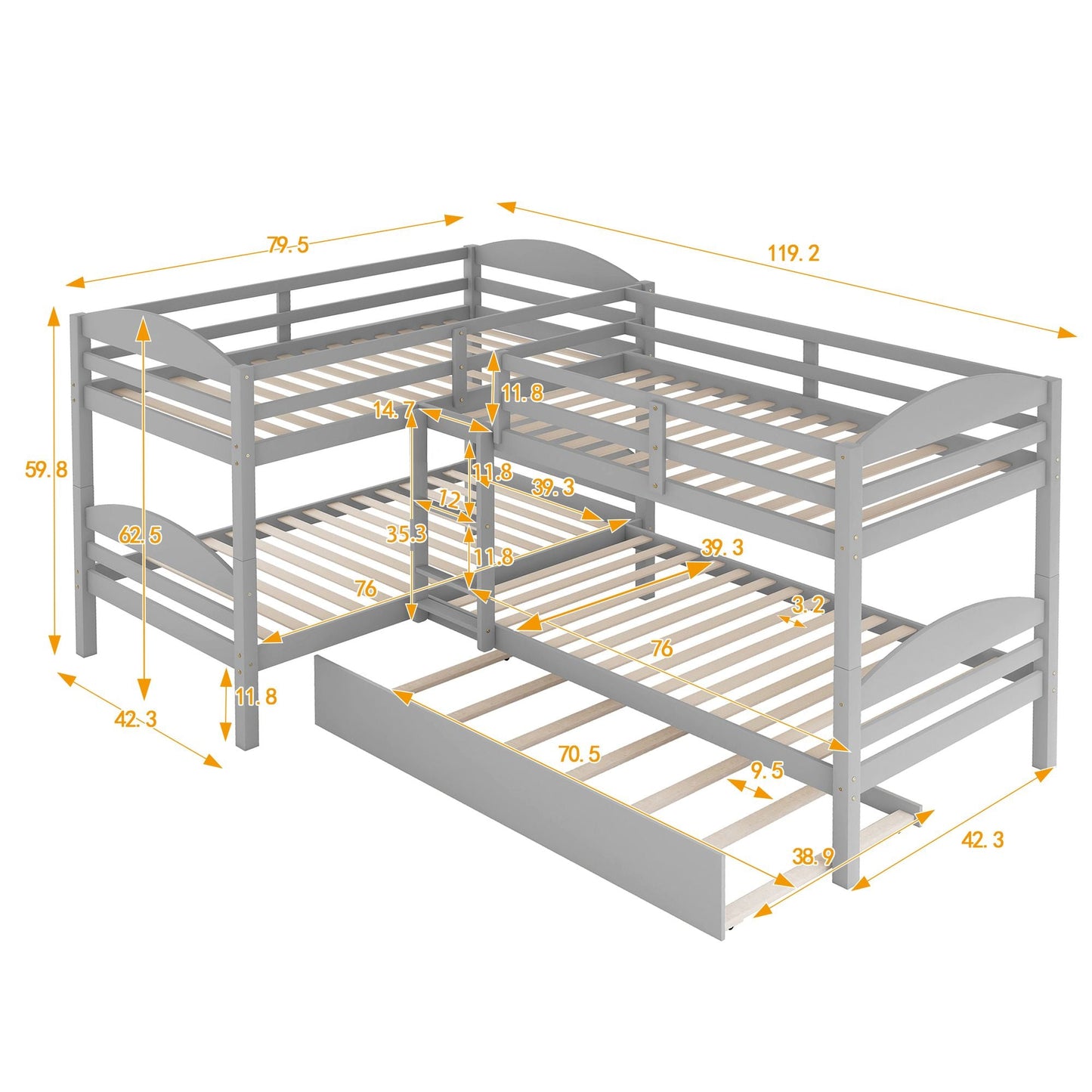Space-Saving Twin L-Shaped Wood Bunk Bed with Trundle, Gray | Just Better Bunk Beds