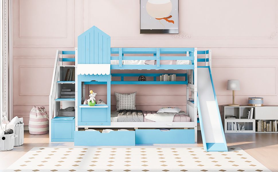 House-Style Twin Over Twin Wood Bunk Bed with 2 Drawers, 3 Shelves, and Slide, Blue | Just Better Bunk Beds
