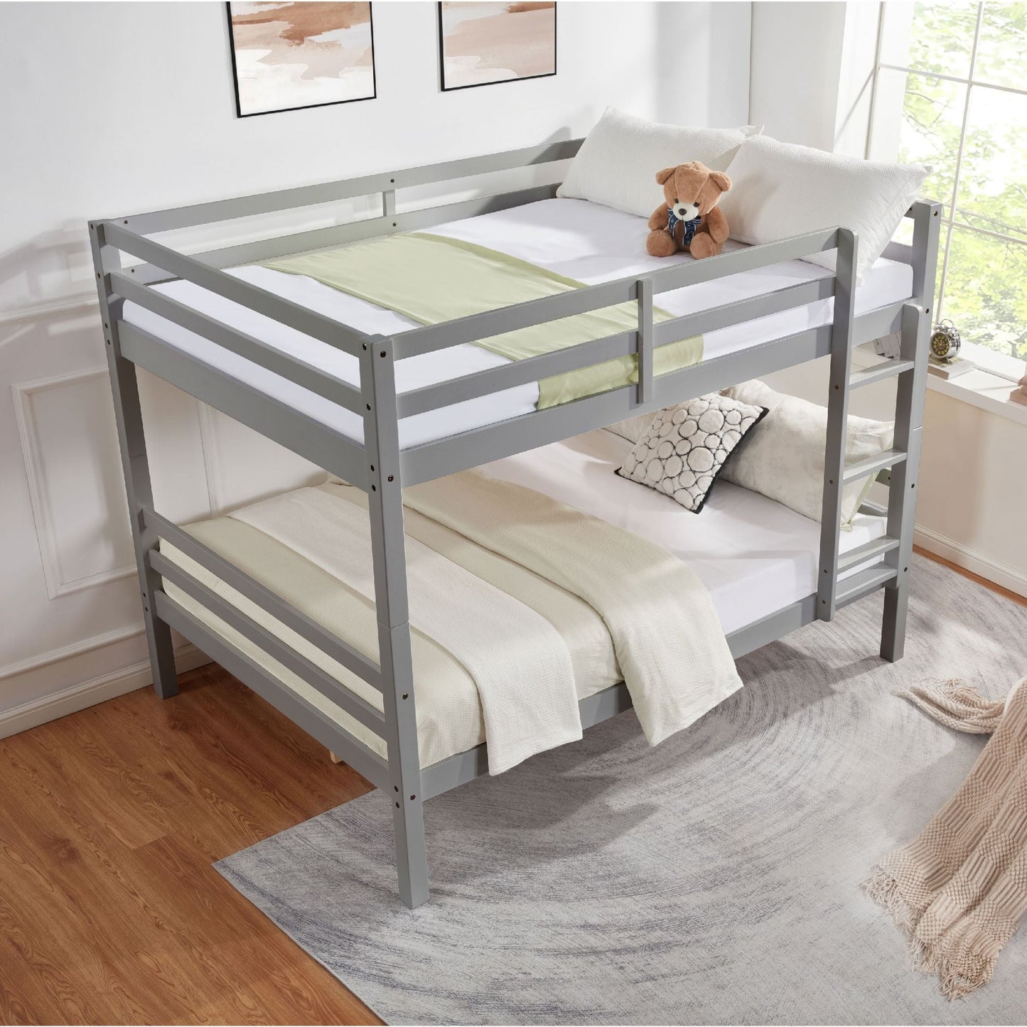 Durable Full Over Full Wood Bunk Bed with Thick Posts, High Guardrail, Ladder, Gray | Just Better Bunk Beds