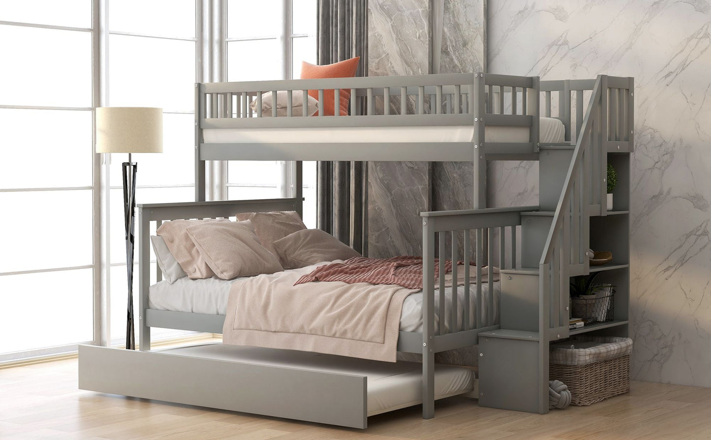 Staircase Storage Twin Over Full Wood Bunk Bed with Trundle, Gray | Just Better Bunk Beds