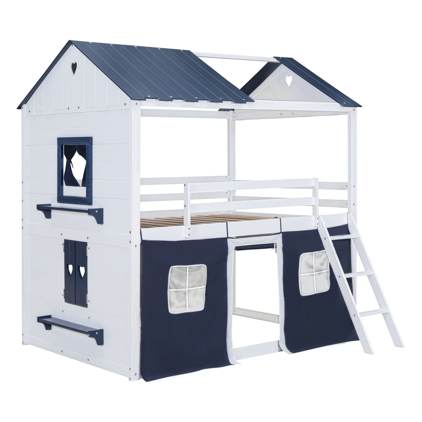 Kids Bedroom Full Wood House-Style Bunk Bed with Windows and Tent, Blue White | Just Better Bunk Beds