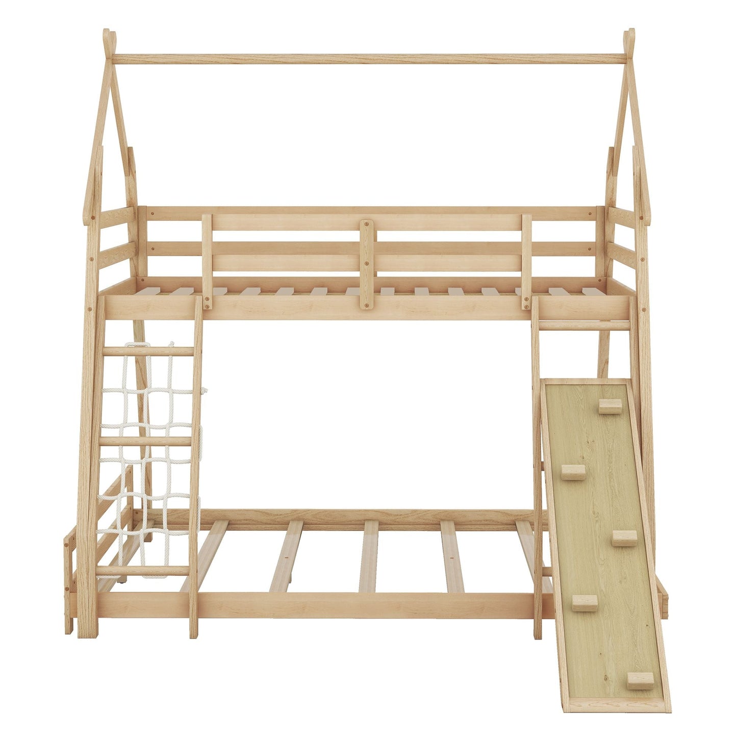 Shared Room Solution Twin Over Queen Wood House Bunk Bed with Climbing Nets and Ramp, Natural | Just Better Bunk Beds