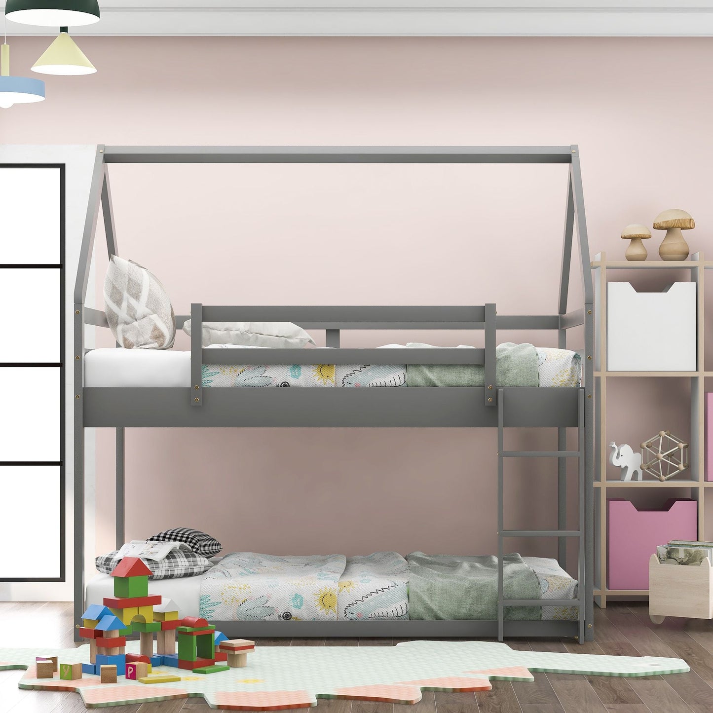 House-Style Twin Over Twin Low Wood Bunk Bed with Ladder, Gray | Just Better Bunk Beds