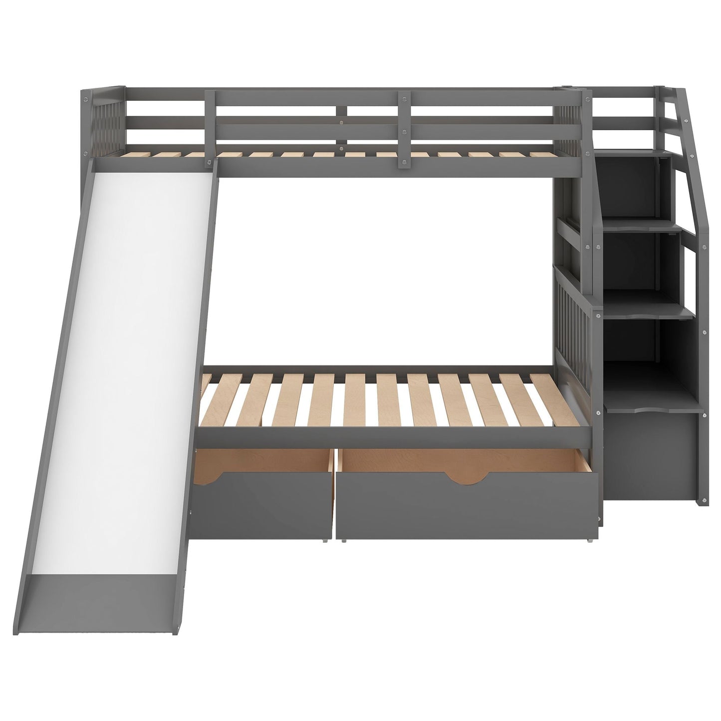 Multifunction Twin Over Full Wood Bunk Bed with Drawers, Storage and Slide, Gray | Just Better Bunk Beds