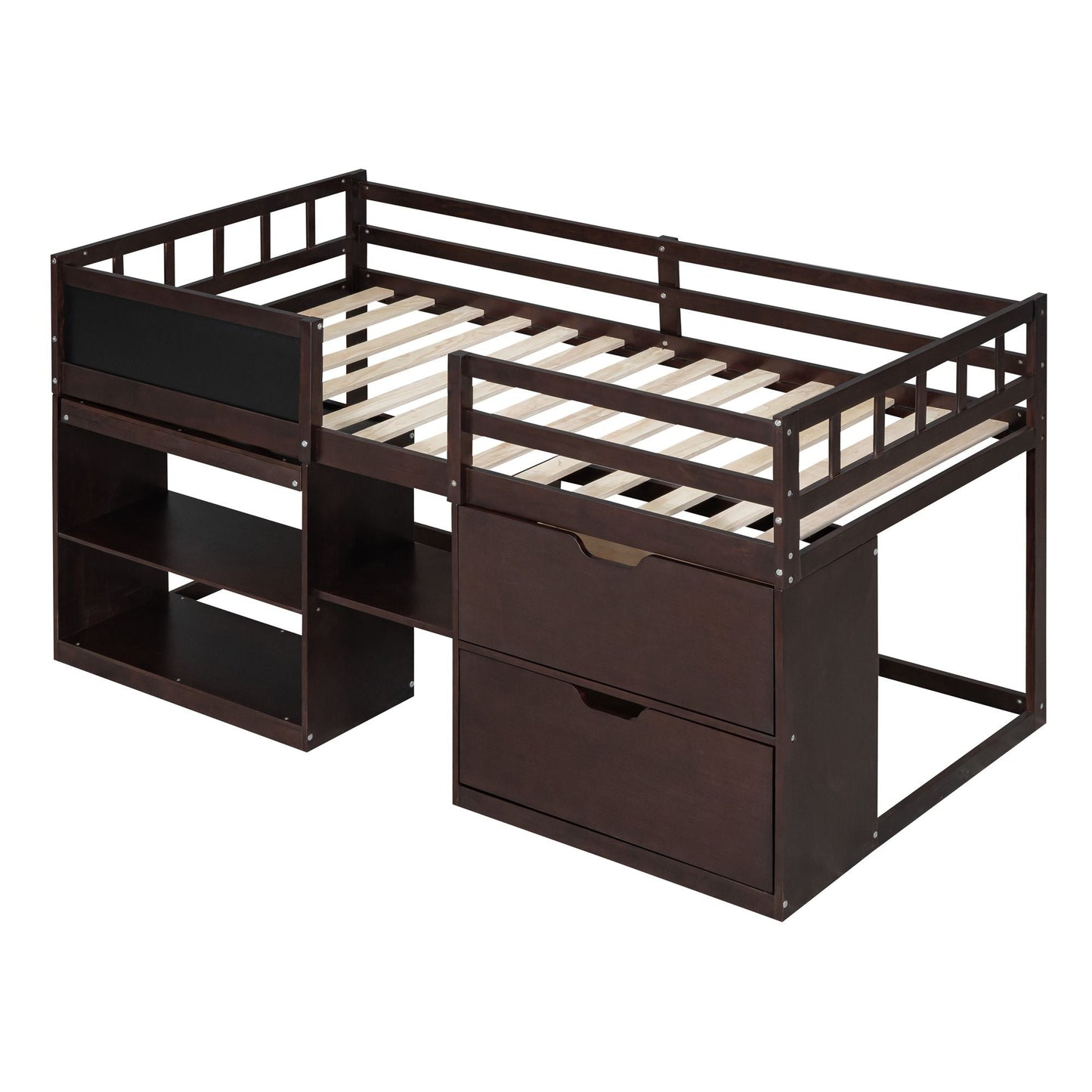 Space-Saving Twin Low Loft Wood Bed with Rolling Desk, Shelf, Drawers, White | Just Better Bunk Beds