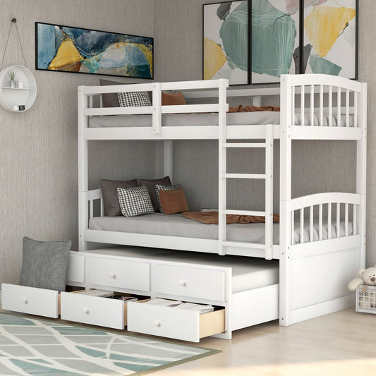Shared Room Solution Twin Wood Bunk Bed with Ladder, Safety Rail, Twin Trundle and 3 Drawers, White | Just Better Bunk Beds