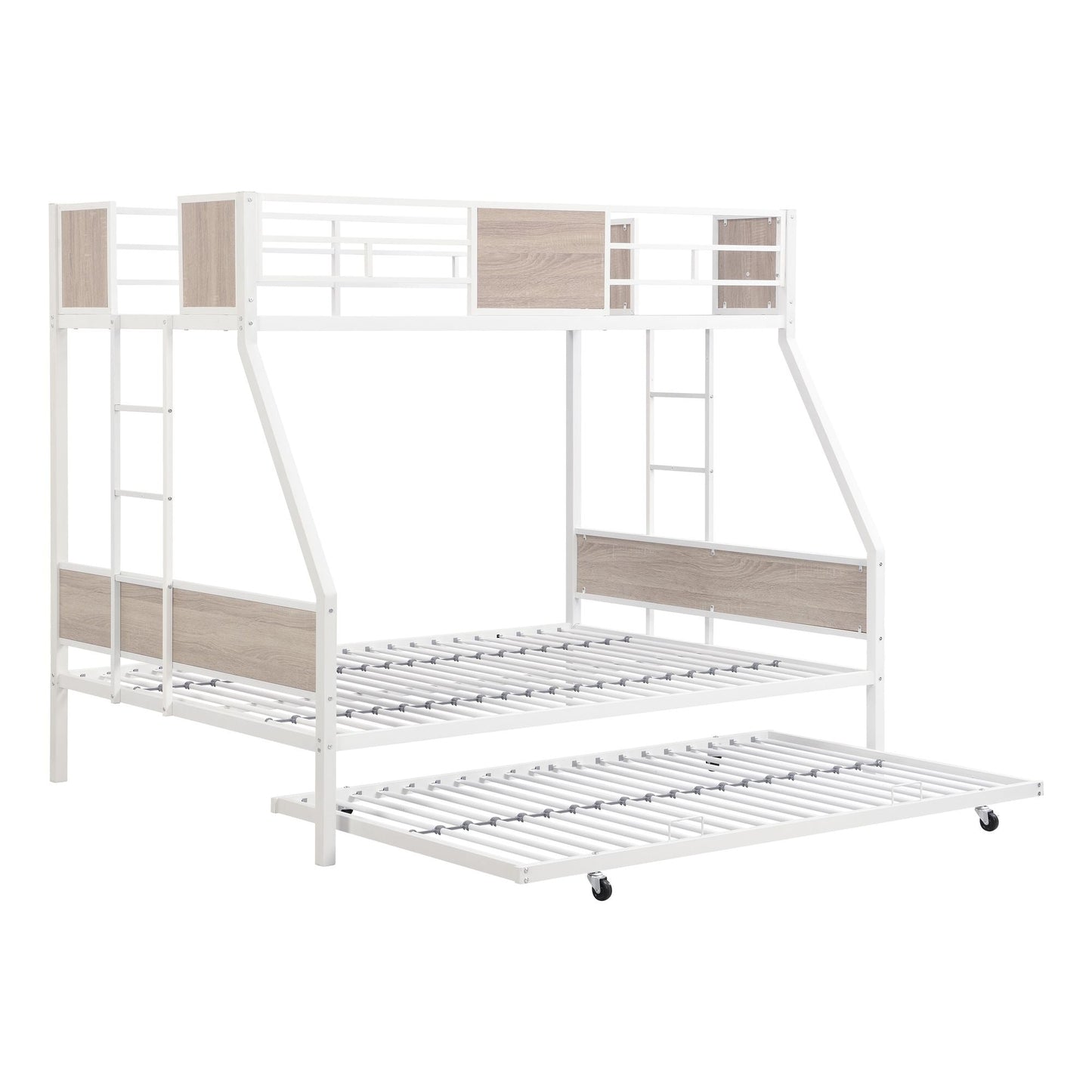 Twin Over FULL Metal Bunk Bed with Trundle 2 - Side Ladder and Full-Length Guardrail,  No Box Spring Needed,  Large Under Bed Storage,  Easy Assemble