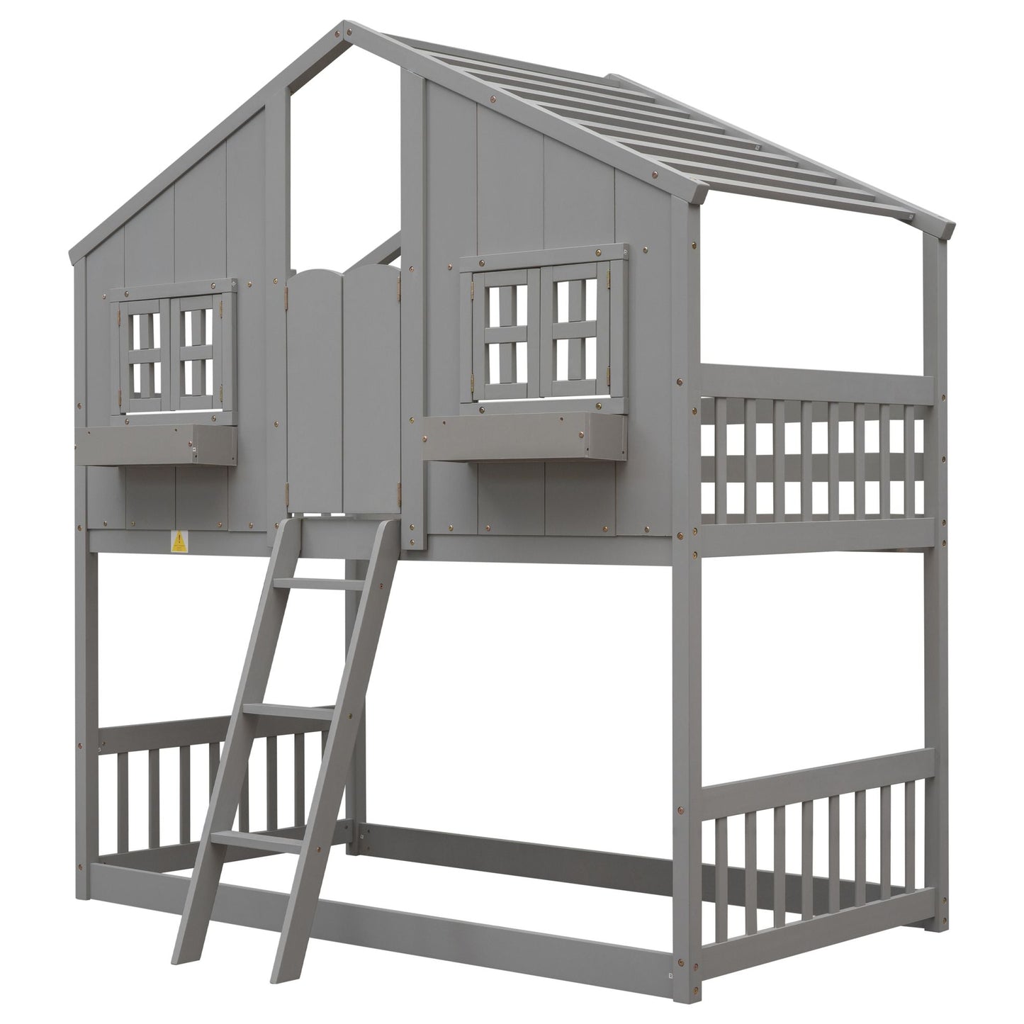 House-Style Twin Over Twin Wood Bunk Bed with Roof, Window, Door, and Ladder, Multiple Colors | Just Better Bunk Beds