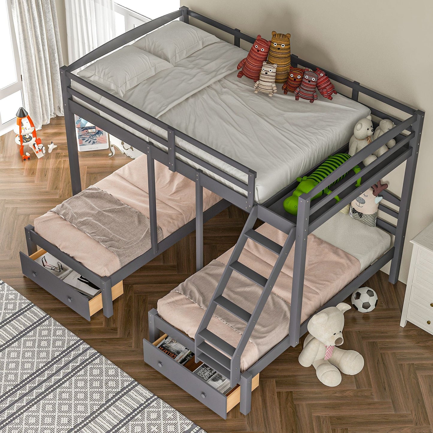 Triple Bunk Full Over Twin Over Twin Wood Bed with Drawers, Gray | Just Better Bunk Beds