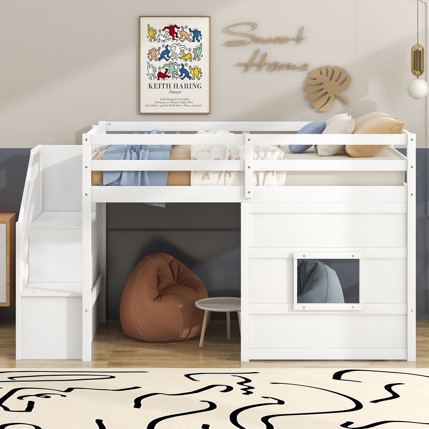 Space-Saving Twin Loft Wood Bed with Storage Staircase and Window, White | Just Better Bunk Beds