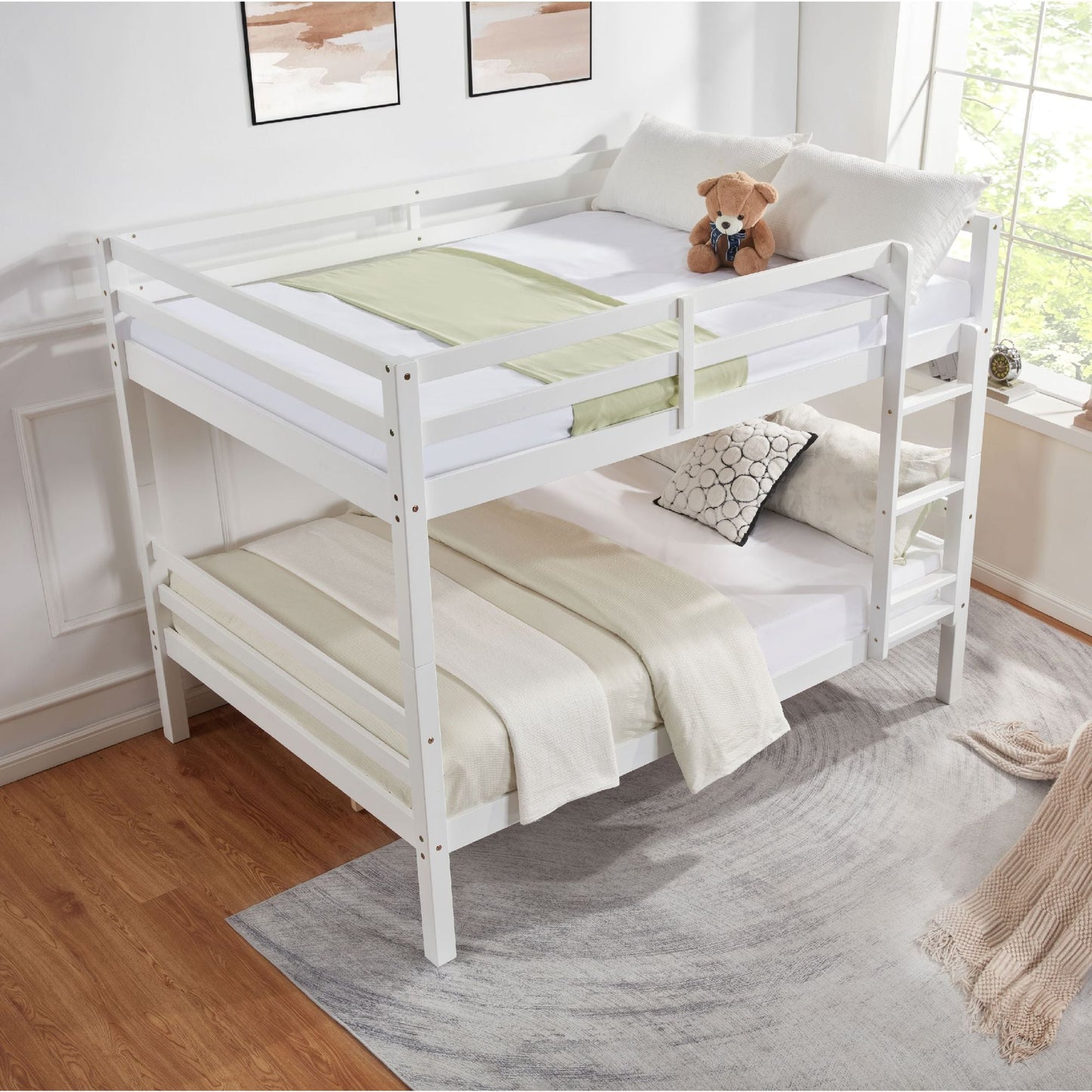 Kids Bedroom Full Over Full Wood Bunk Bed with Thick Posts, High Guardrail, Ladder, White | Just Better Bunk Beds