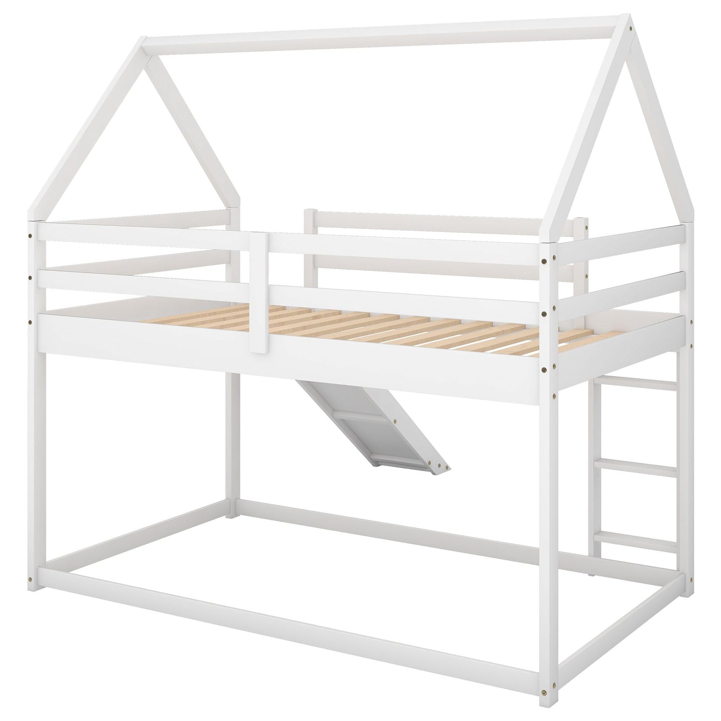 Kids Bedroom Twin Wood Bunk House Bed with Slide and Ladder, White | Just Better Bunk Beds