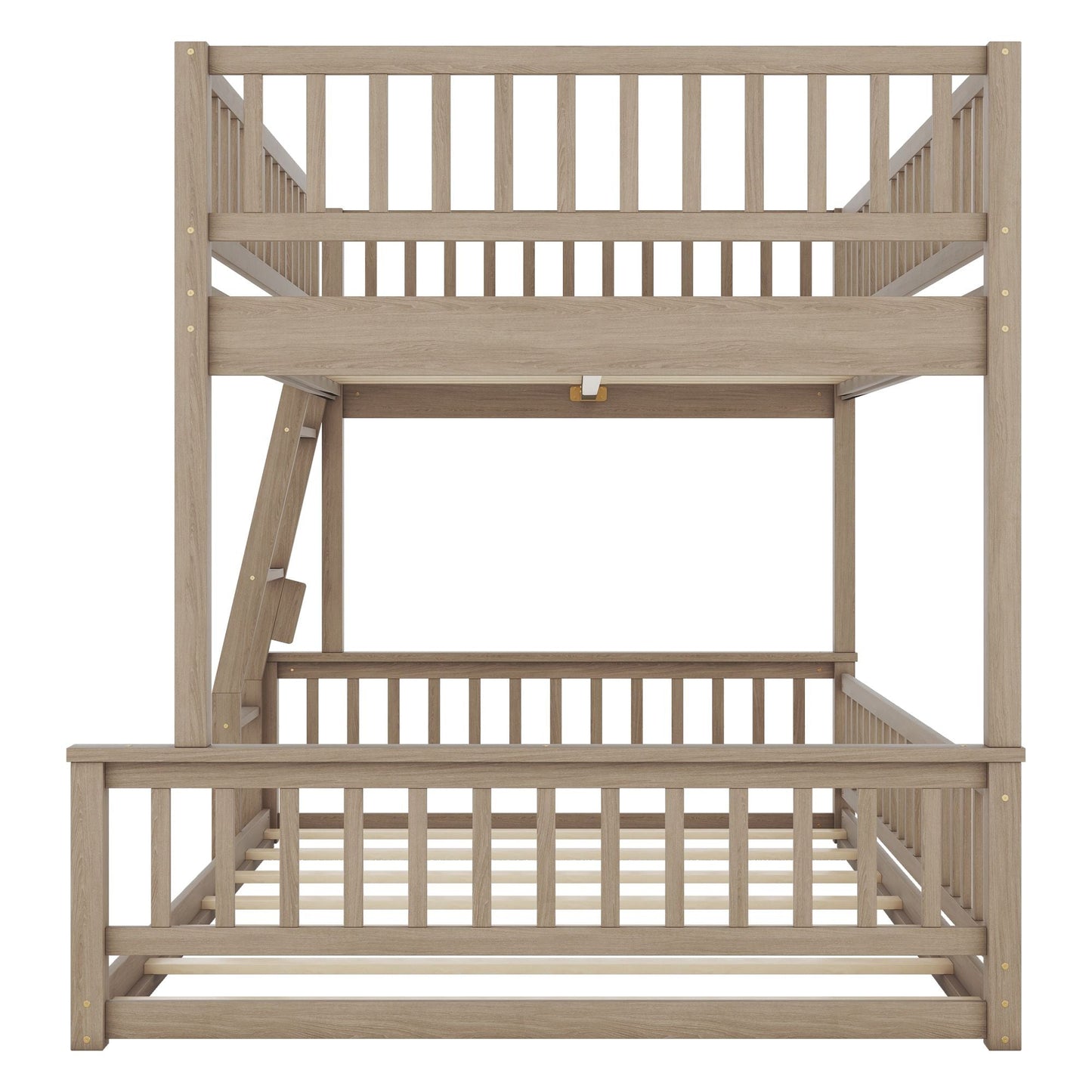 House-Style Full XL Over Queen Wood Bunk Bed with Ladder and Guardrails, Walnut | Just Better Bunk Beds