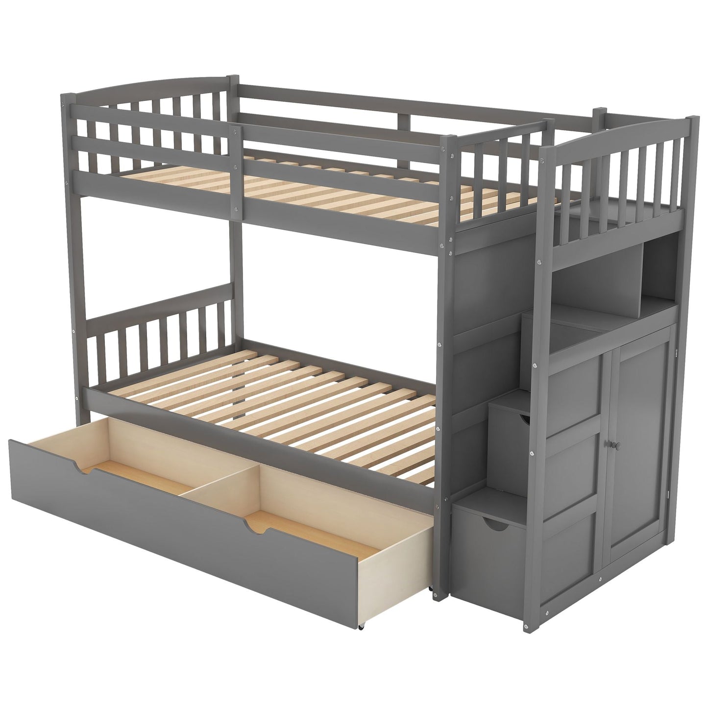 Convertible Twin Over Full/Twin Wood Bunk Bed with Storage Shelves and Drawers, Gray | Just Better Bunk Beds