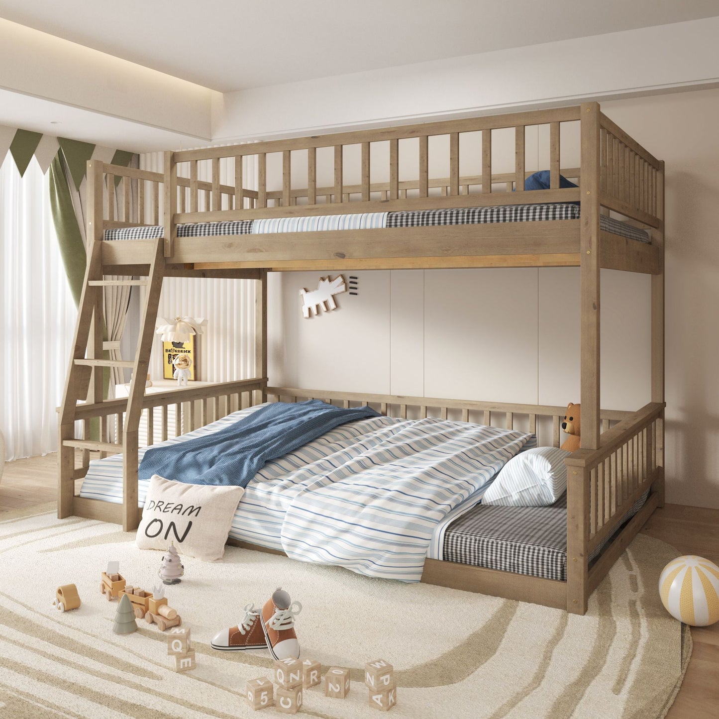 House-Style Full XL Over Queen Wood Bunk Bed with Ladder and Guardrails, Walnut | Just Better Bunk Beds