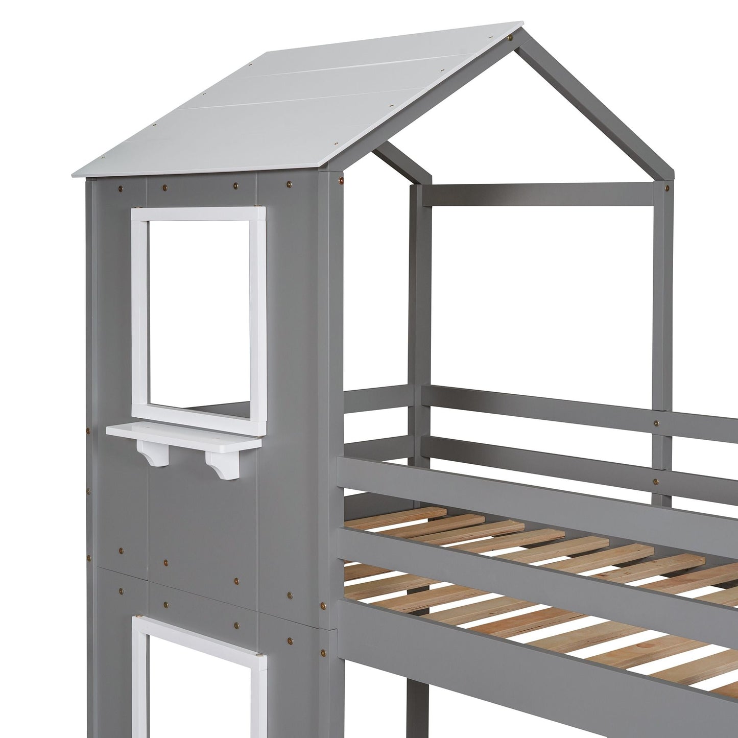 Twin Over Twin Bunk Bed Wood Bed with Roof,  Window,  Guardrail,  Ladder White