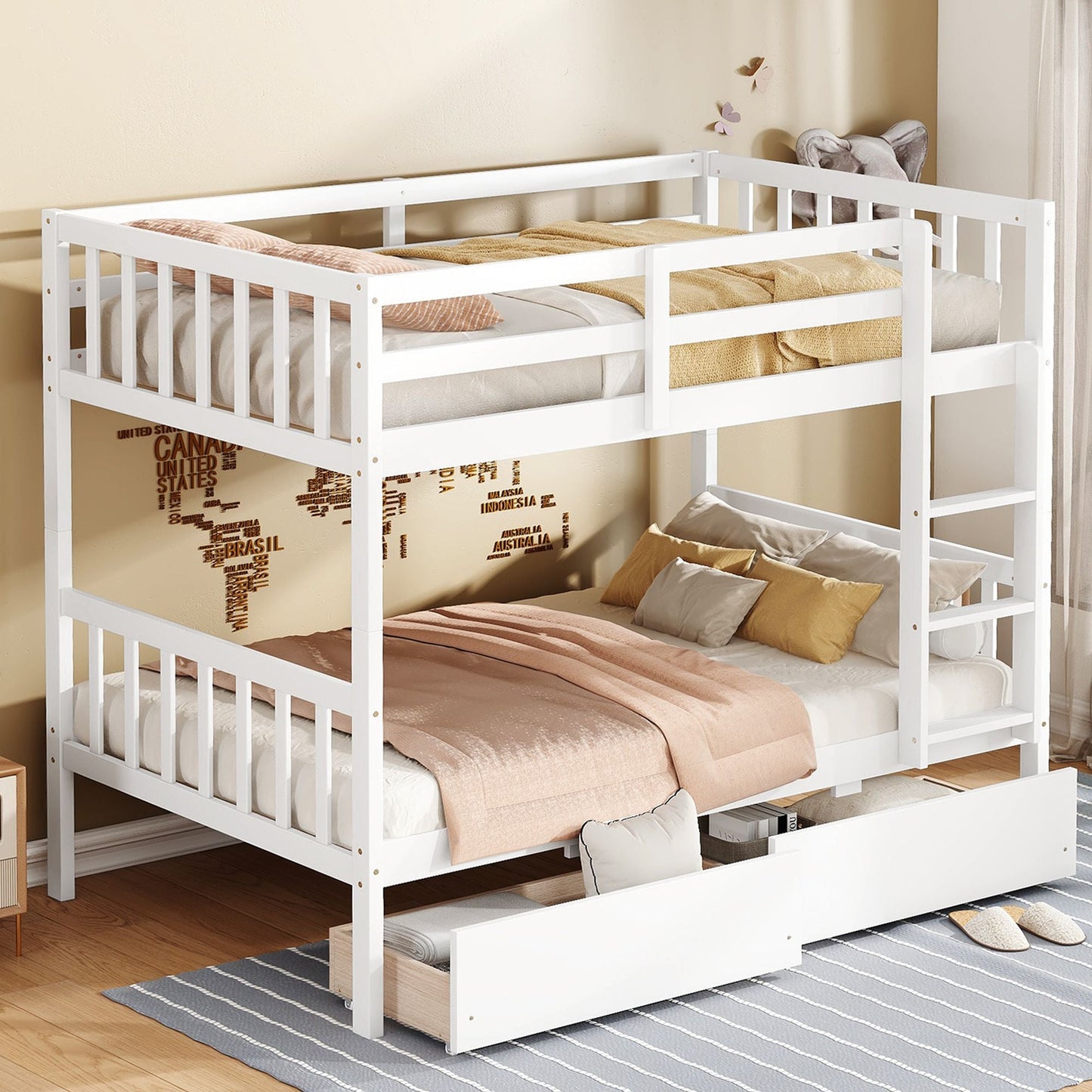 Convertible Twin Over Twin Rubber Wood Bunk Bed with 2 Drawers, Ladder, Safety Guardrails, Gray | Just Better Bunk Beds
