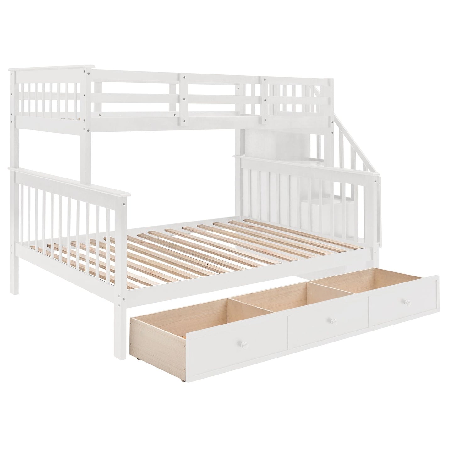 Staircase Storage Twin Over Full Wood Bunk Bed with Drawer and Guard Rail, Espresso, Gray, White | Just Better Bunk Beds