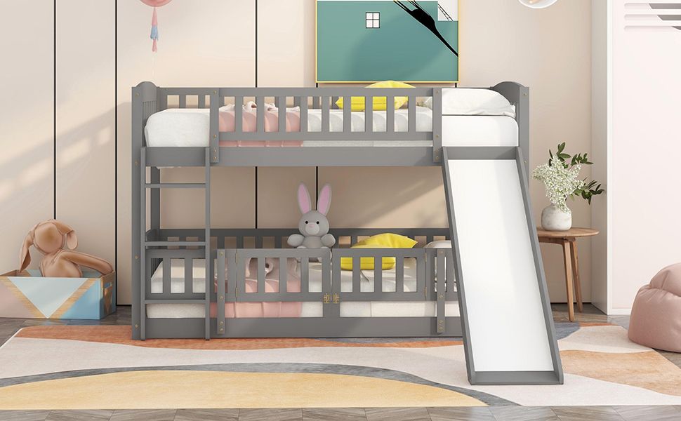 Safe Twin Over Twin Wood Low Bunk Bed with Slide, White with Fence and Ladder | Just Better Bunk Beds