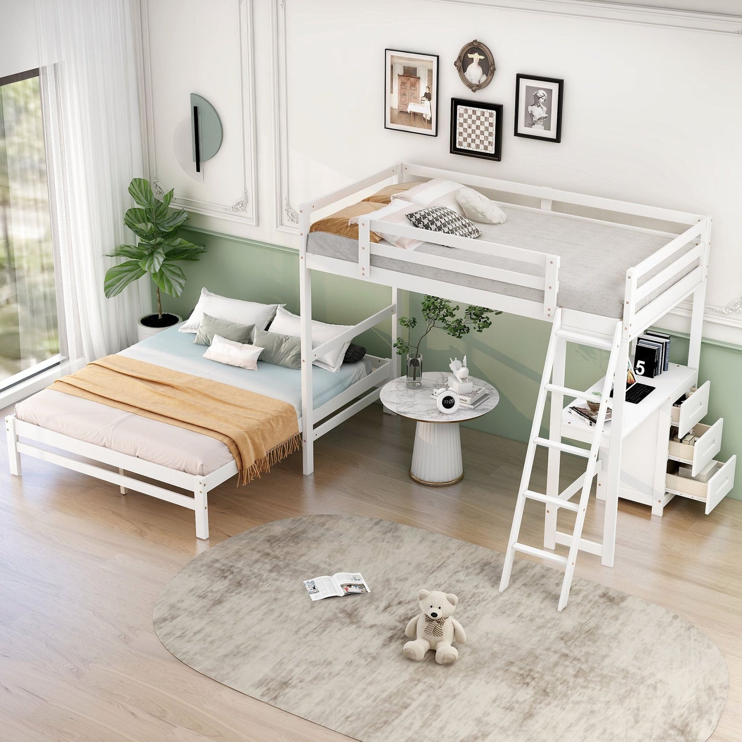 Space-Saving Twin Over Full Wood Bunk Bed with Built-In Desk and Three Drawers, White | Just Better Bunk Beds