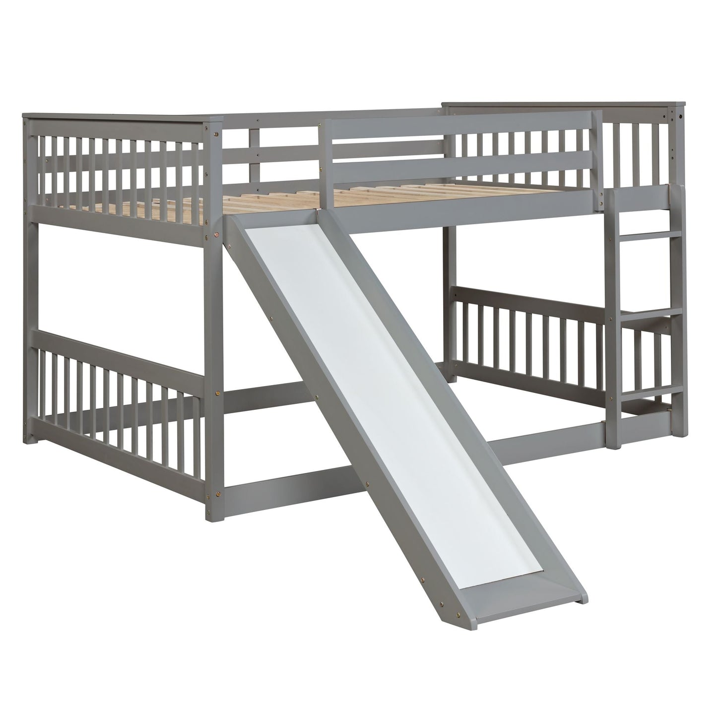 Space-Saving Full Over Full Wood Bunk Bed with Slide and Safety Guardrails, White | Just Better Bunk Beds