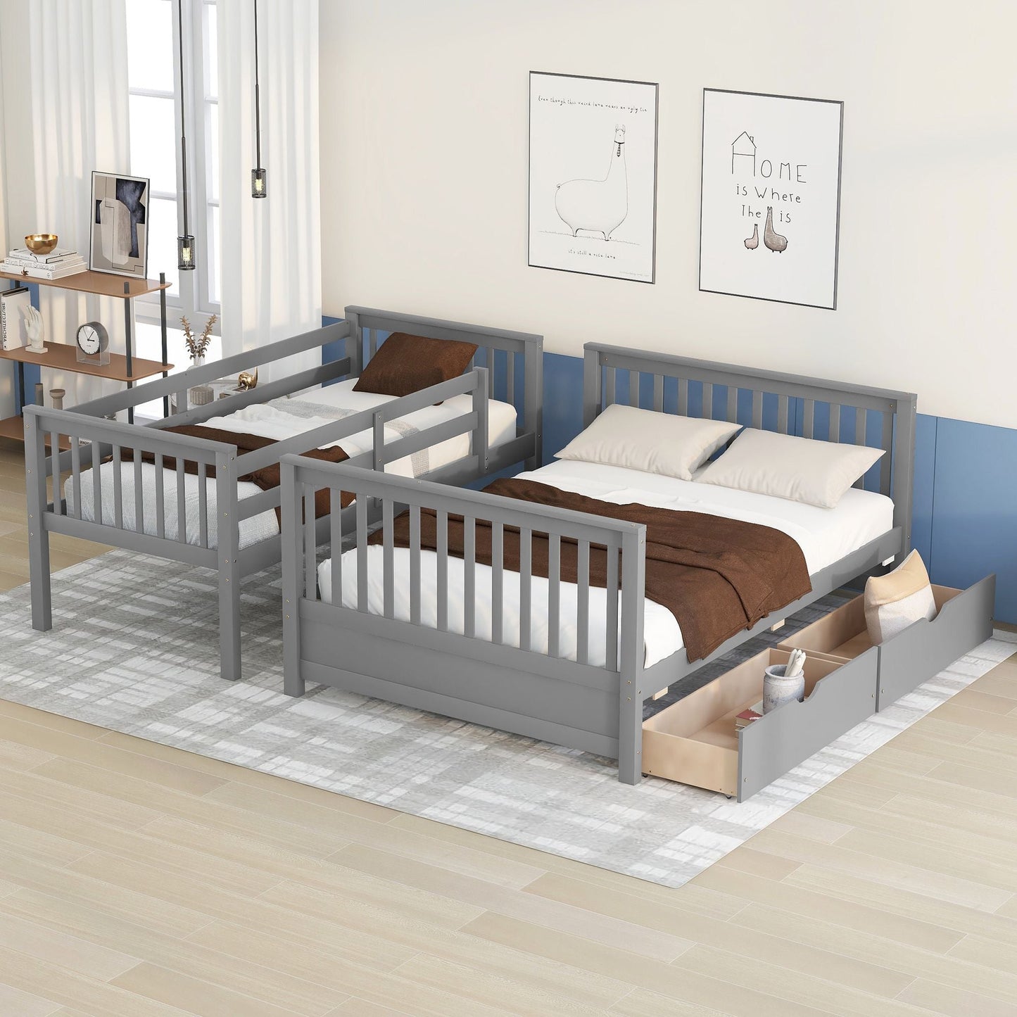 Heavy-Duty Twin Over Full Wood Bunk Bed with Ladders and Two Storage Drawers, White | Just Better Bunk Beds