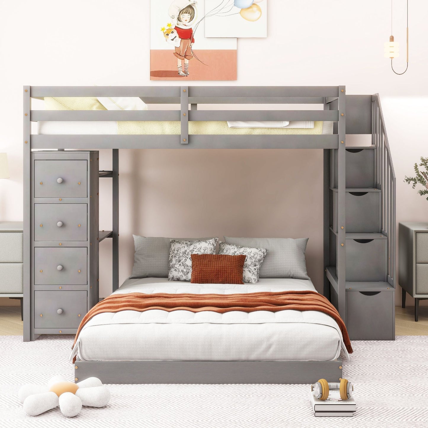 Staircase Storage Twin Over Full Wood Bunk Bed with Shelves and Drawers, Gray | Just Better Bunk Beds