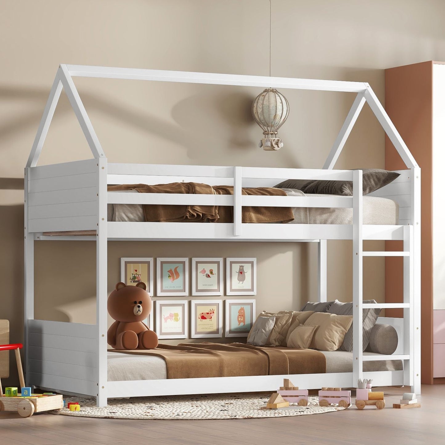 Twin Over Twin House Floor Bunk Bed with Headboards,  Footboards and Guardrails,  Ladder,  Rubber Wood Bunk Bed with Safety Guardrails, White