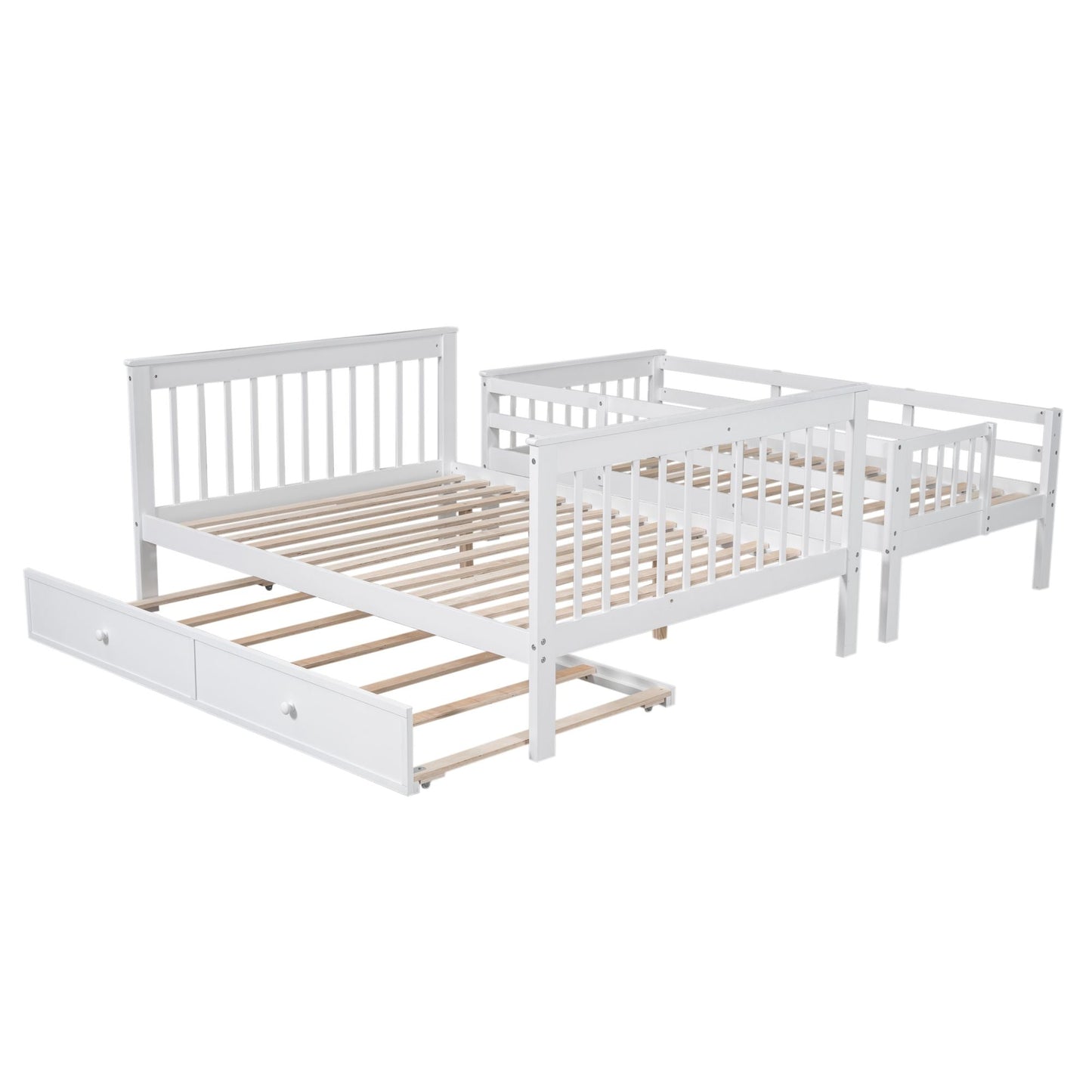 Heavy-Duty Twin Over Full Wood Bunk Bed with Twin Trundle, Storage and Guard Rail, White | Just Better Bunk Beds
