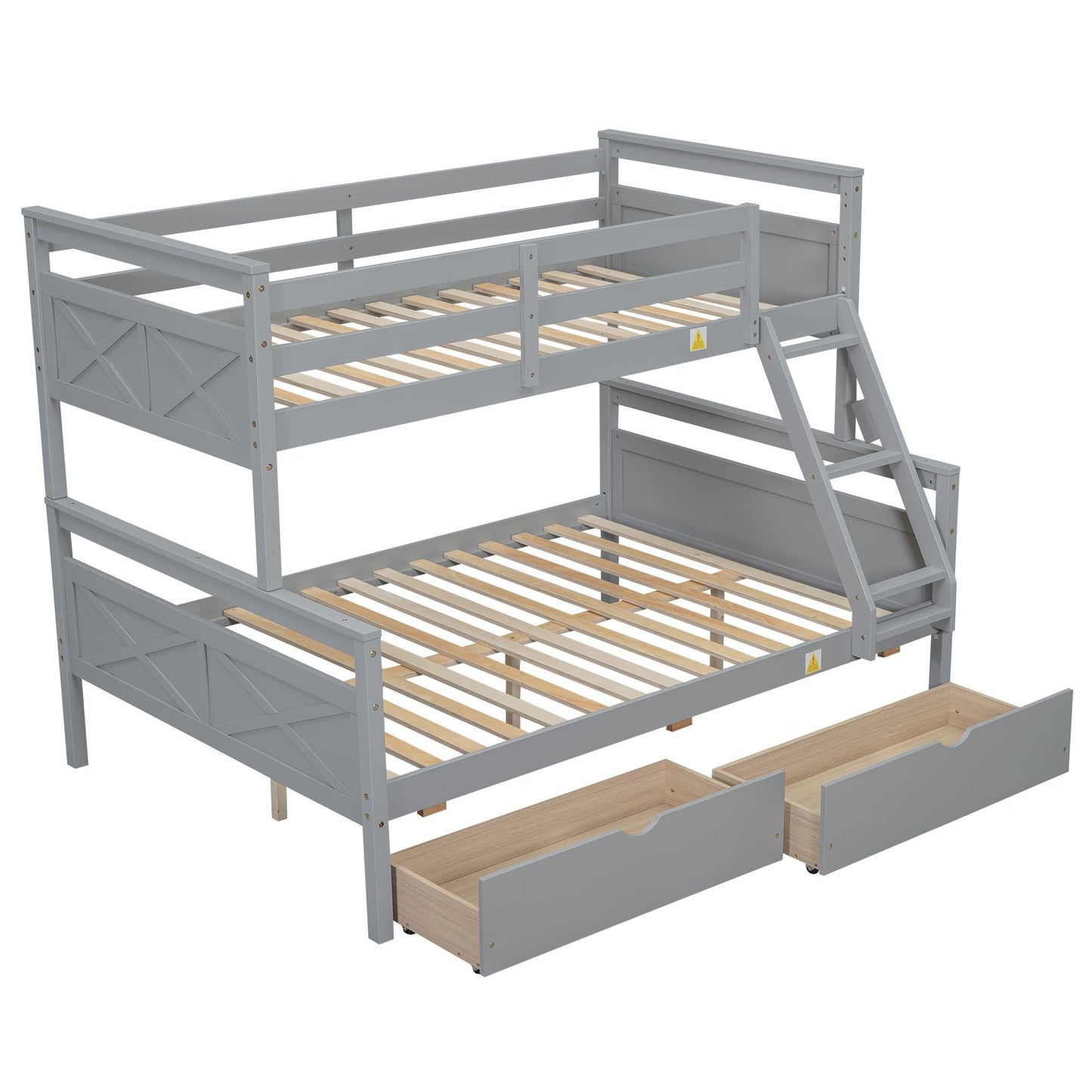 Heavy-Duty Twin Over Full Wood Bunk Bed with Ladder, Storage Drawers, Safety Guardrail, Gray | Just Better Bunk Beds