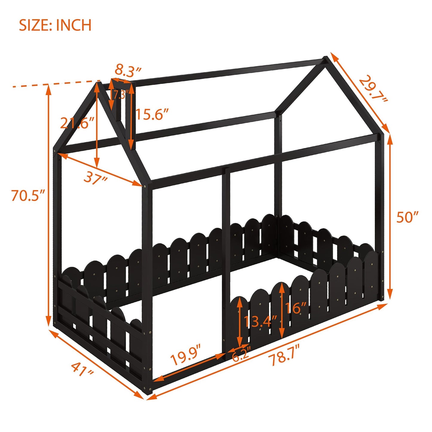 House-Style Twin Wood Bed Frame with Fence for Kids and Teens, Espresso, Gray, White | Just Better Bunk Beds