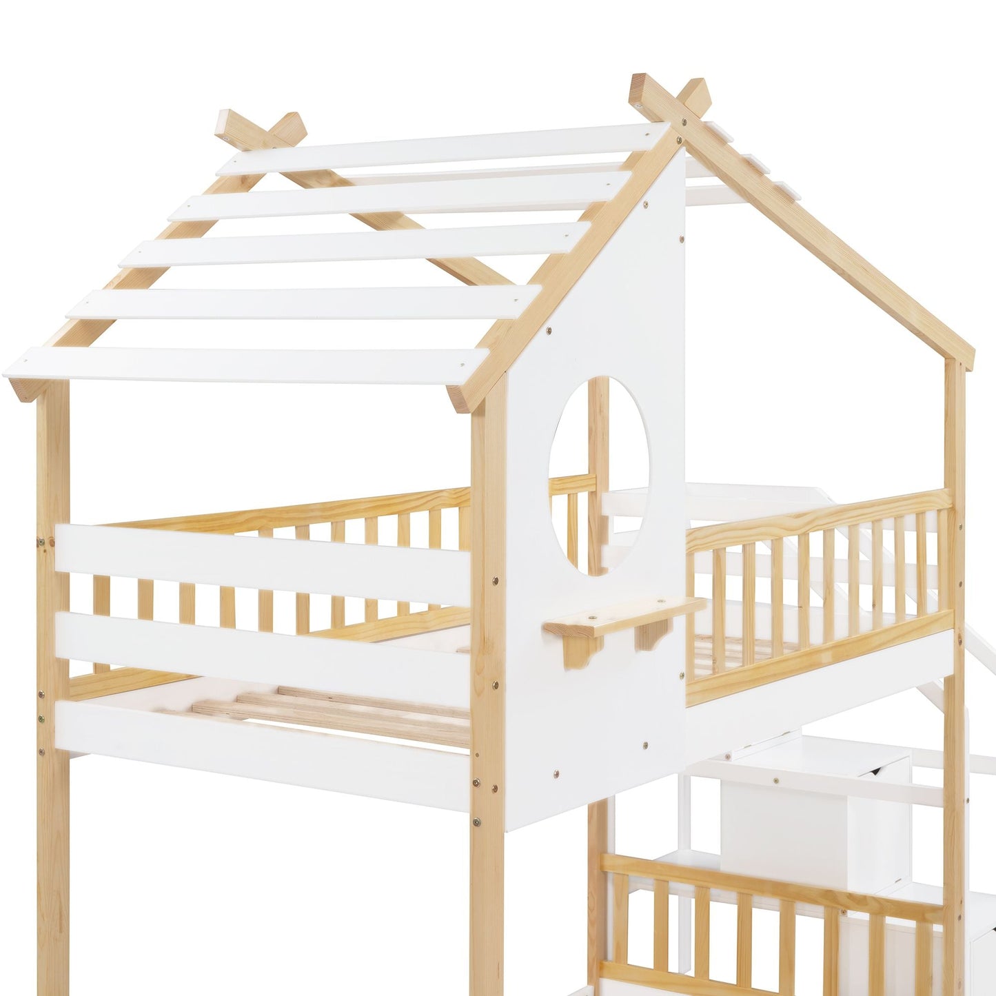 Staircase Storage Twin Over Twin Wood Bunk Bed with House Style, Storage, and Guard Rail, Natural and White | Just Better Bunk Beds