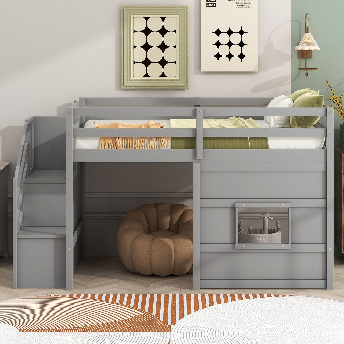 Space-Saving Twin Loft Wood Bed with Storage Staircase and Window, White | Just Better Bunk Beds
