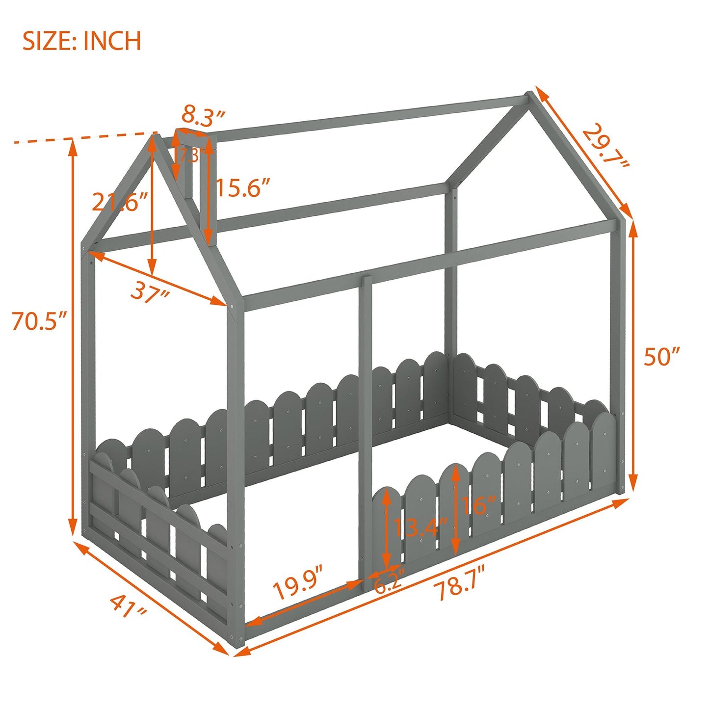 House-Style Twin Wood Bed Frame with Fence for Kids and Teens, Espresso, Gray, White | Just Better Bunk Beds