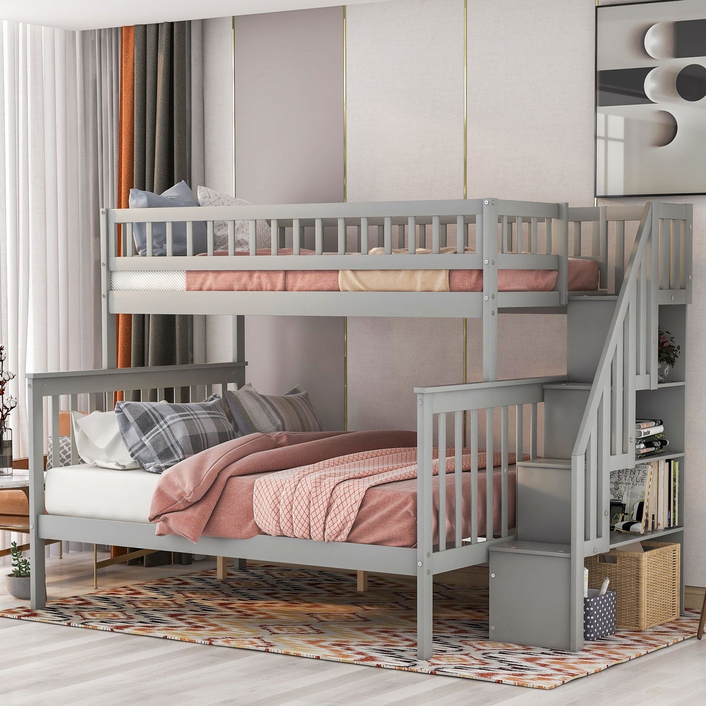 Staircase Storage Twin Over Full Wood Bunk Bed with Storage, White | Just Better Bunk Beds