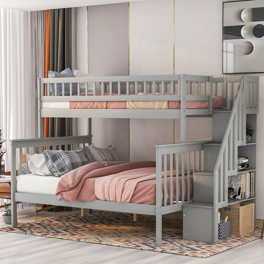 Staircase Storage Twin Over Full Wood Bunk Bed with Storage, White | Just Better Bunk Beds