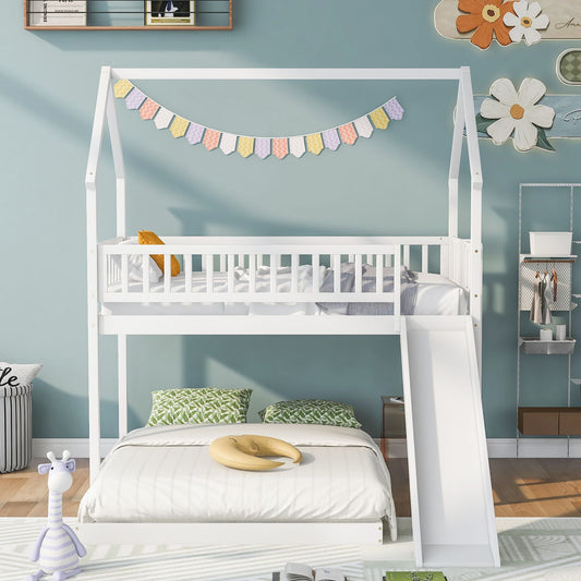 Twin over Full House Bunk Bed with Slide and Built-in Ladder,  Full-Length Guardrail