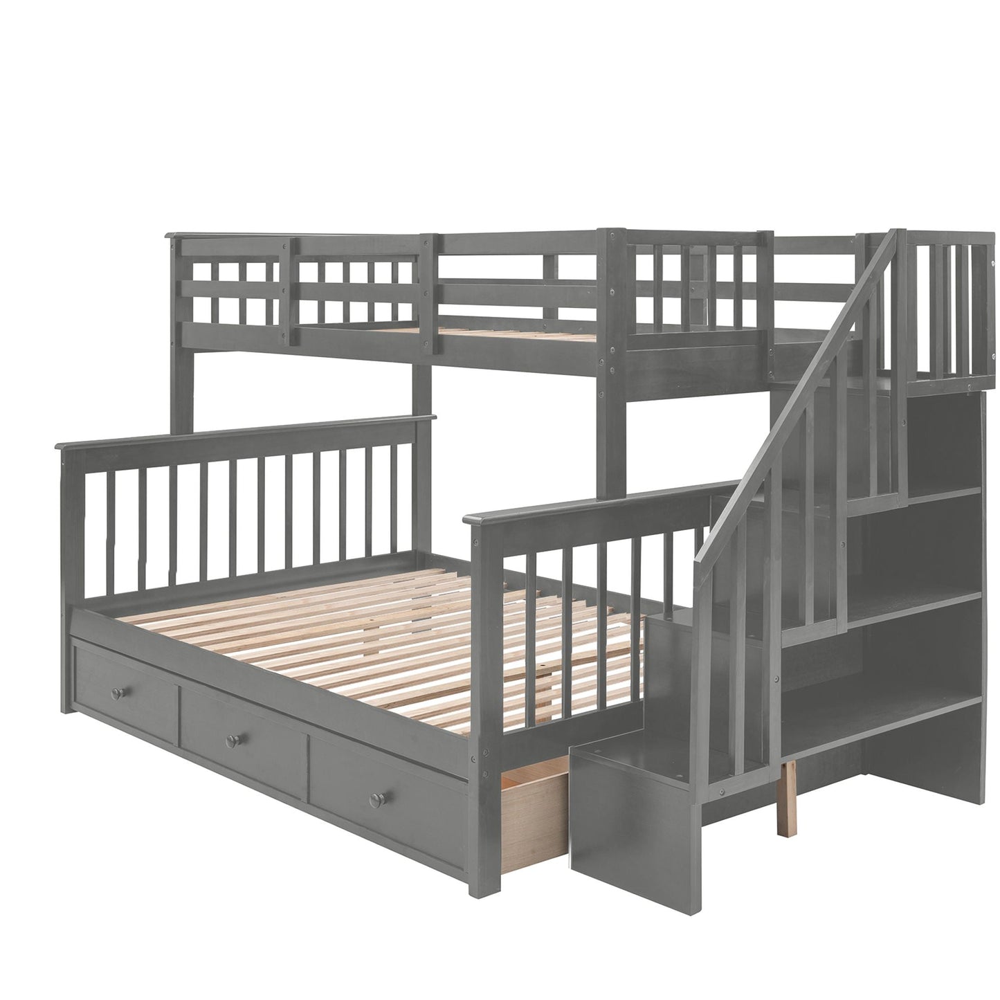 Staircase Storage Twin Over Full Wood Bunk Bed with Drawer, Storage, and Guard Rail, Gray | Just Better Bunk Beds