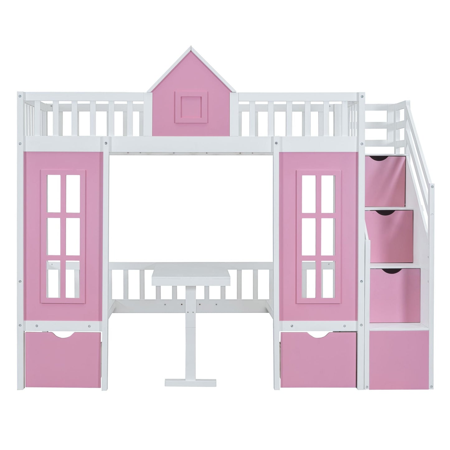 Kids Bedroom Twin Over Twin Wood Bunk Bed with Changeable Table and Desk, Pink | Just Better Bunk Beds