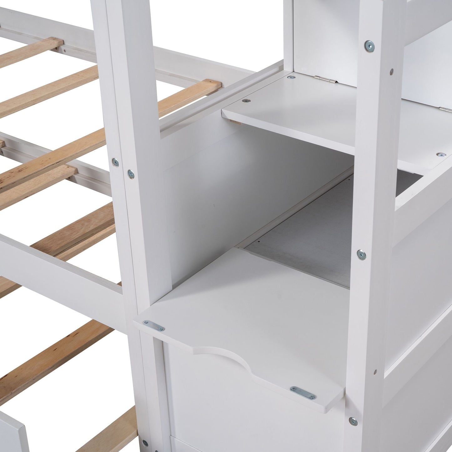 Space-Saving Twin Over Twin Wood Bunk Bed with Twin Trundle and 3 Storage Stairs, White | Just Better Bunk Beds