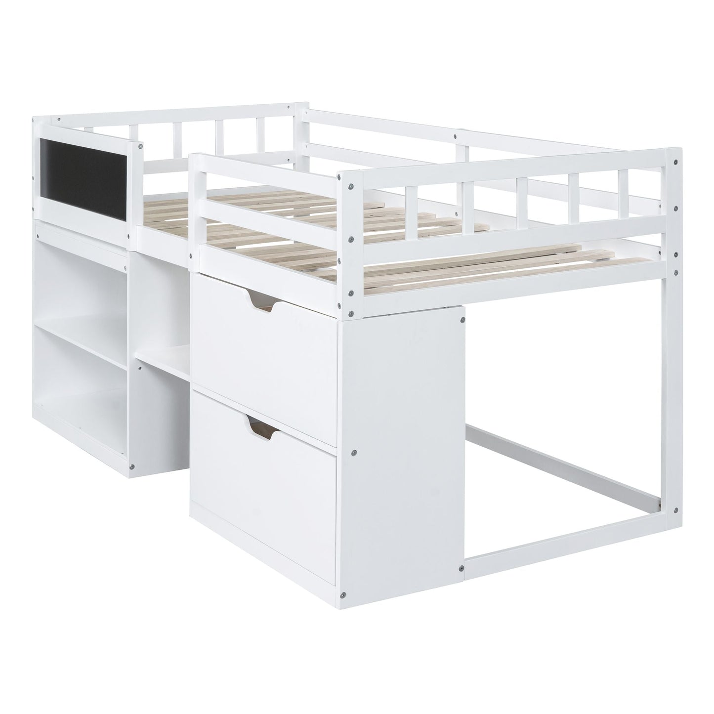 Space-Saving Twin Low Loft Wood Bed with Rolling Desk, Shelf, Drawers, White | Just Better Bunk Beds